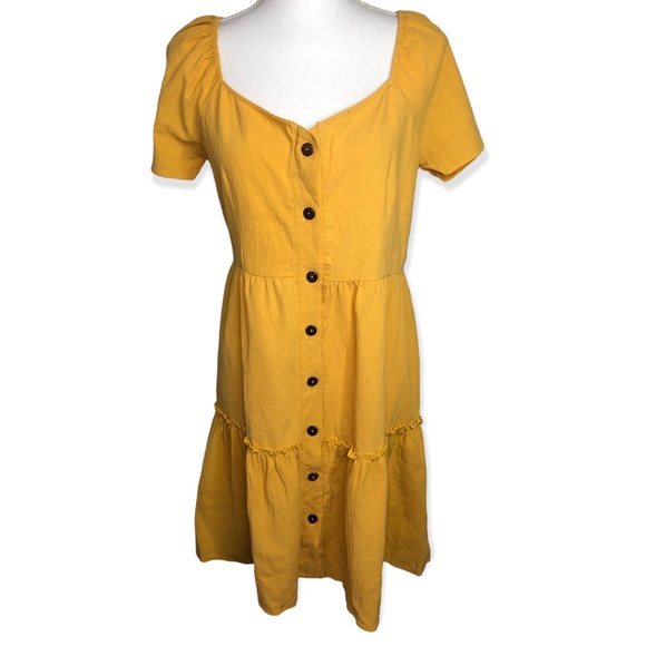 Rotita Mustard Yellow Button Up Sweetheart Neckline Mini Dress - Picture 3 of 10